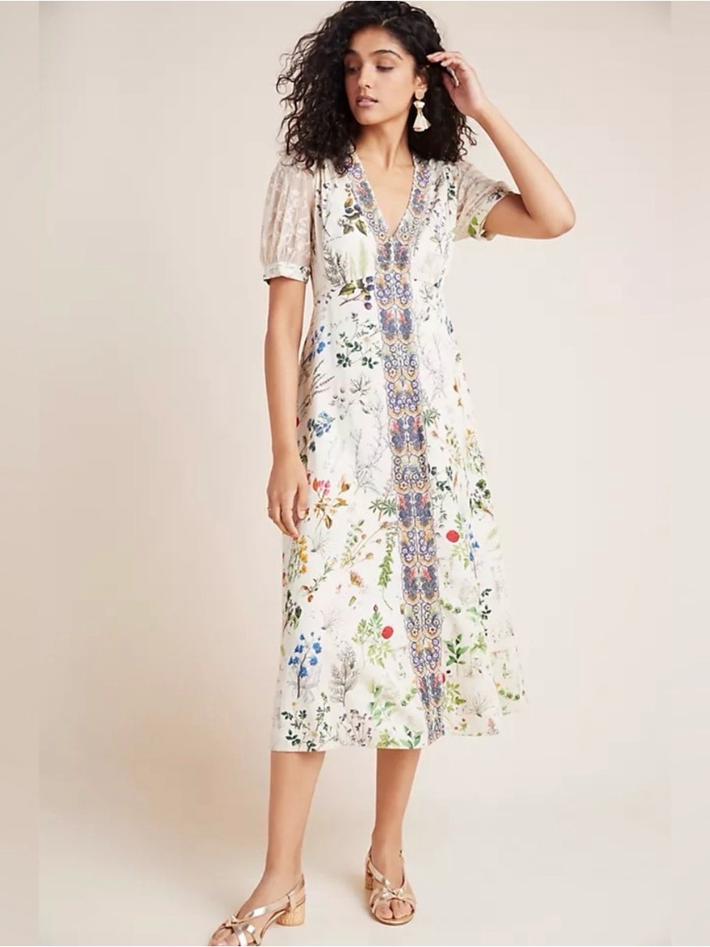 Floral Print V-Neck Midi Dress in Ivory